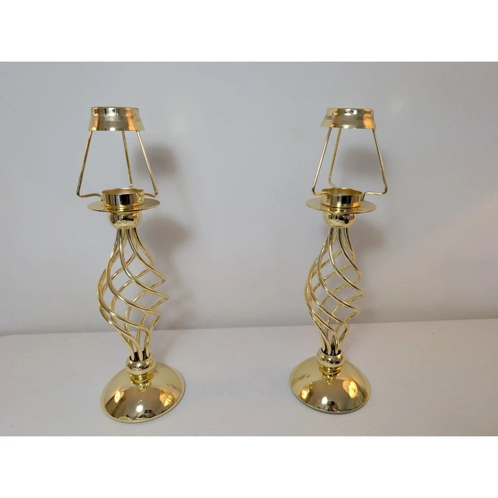 Vintage PartyLite Paragon Tealight Candle Lamps Pair Gold Pearl Shades